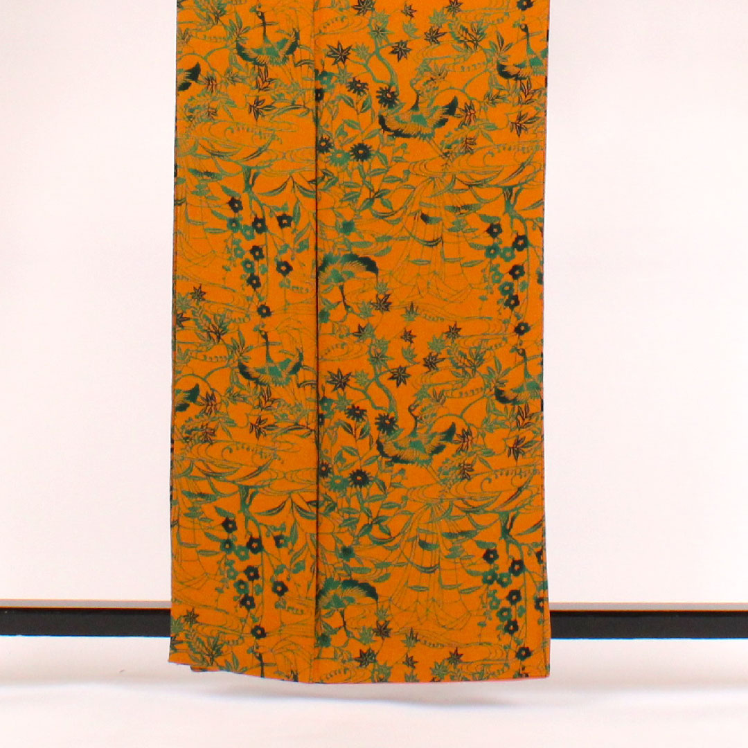 小紋 身丈161cm 裄丈63cm 袷 作家物 鶴に草花 型染 正絹 Aランク 茶系 1115000293314