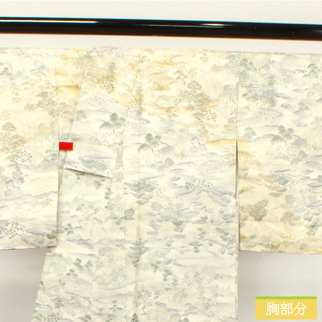 小紋 正絹 身丈159cm 裄丈65.5cm 袷 銀白色 風景模様 しつけ糸付き 未使用品 Sランク グレー系 1115003722322