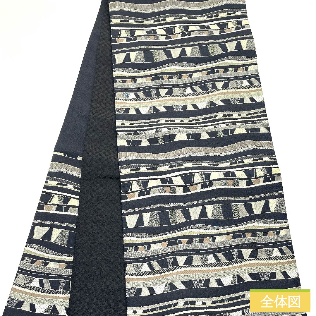 名古屋帯 京袋帯 燻色 よろけ横段 幾何学模様 古典柄 帯丈388cm ポリエステル NEWランク 六通 カジュアル 黒系 1124005421310 京袋
