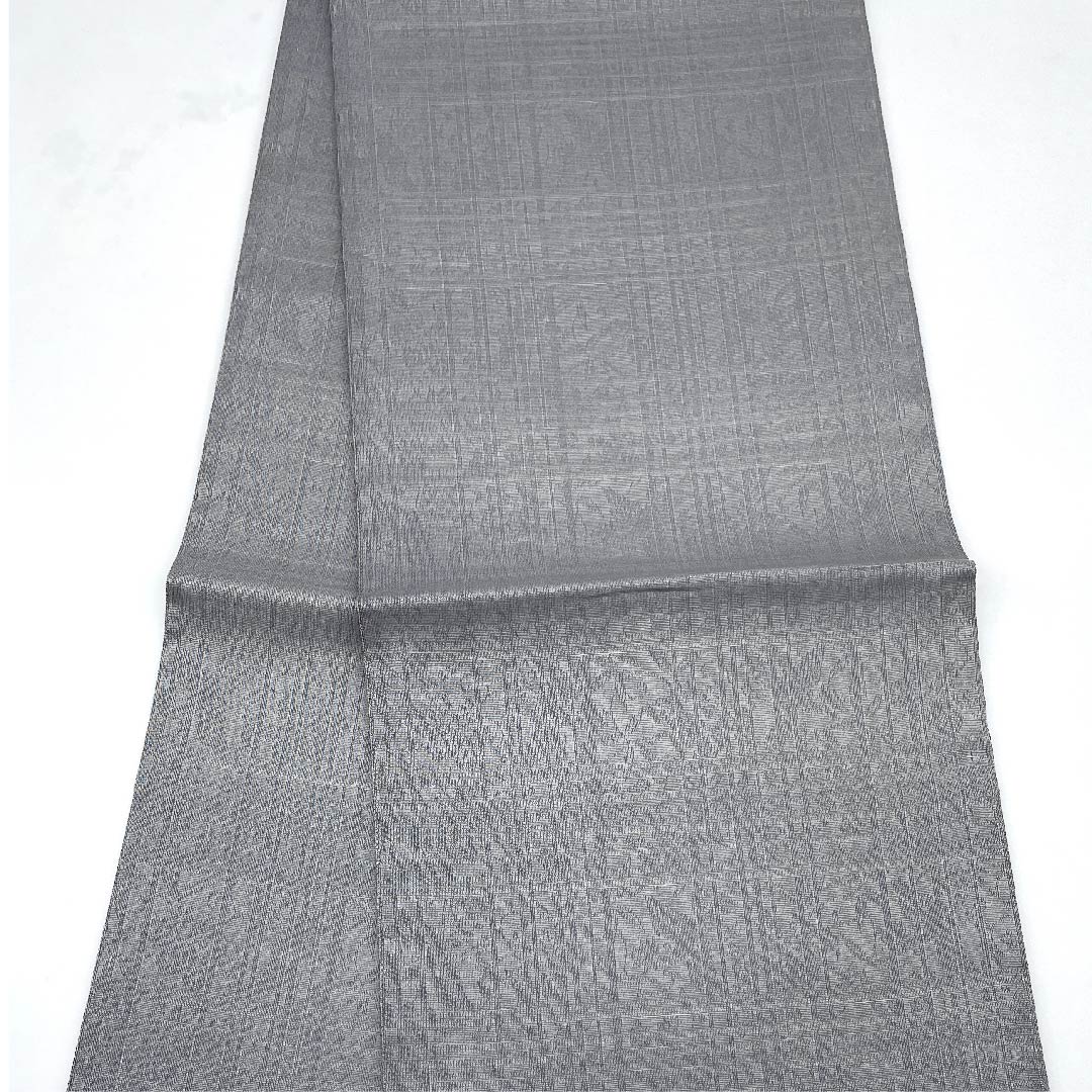 袋帯 薄鈍色(うすにびいろ) 梅 露芝 変わり市松 作家物 帯丈432cm 正絹 Sランク ポイント柄 カジュアル グレー系 1123008902322