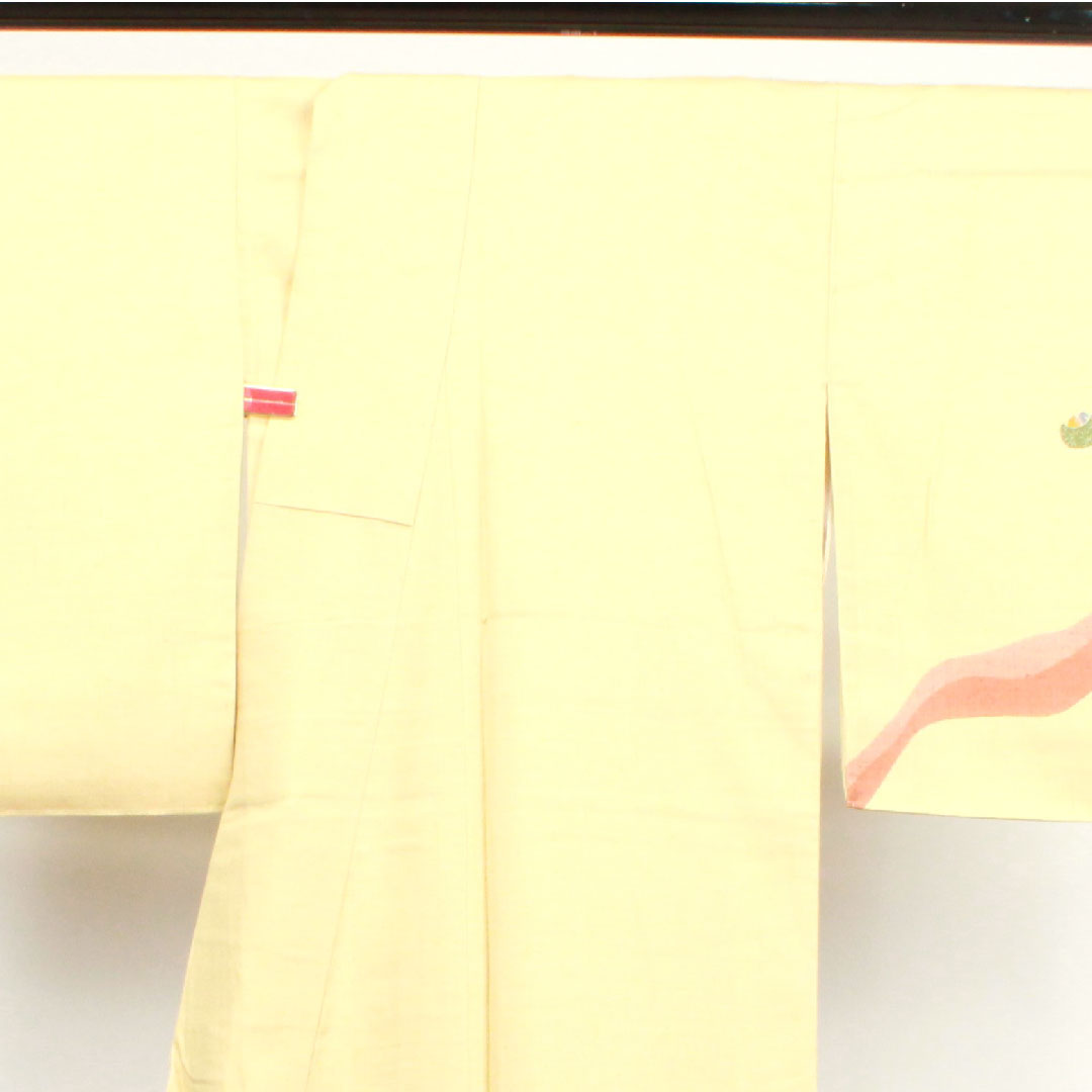 Homongi, lined, length 169cm, sleeve length 69cm, light egg color, Monkey and Crab Battle, pongee fabric, pure silk, S rank, cream color, 1112002612515