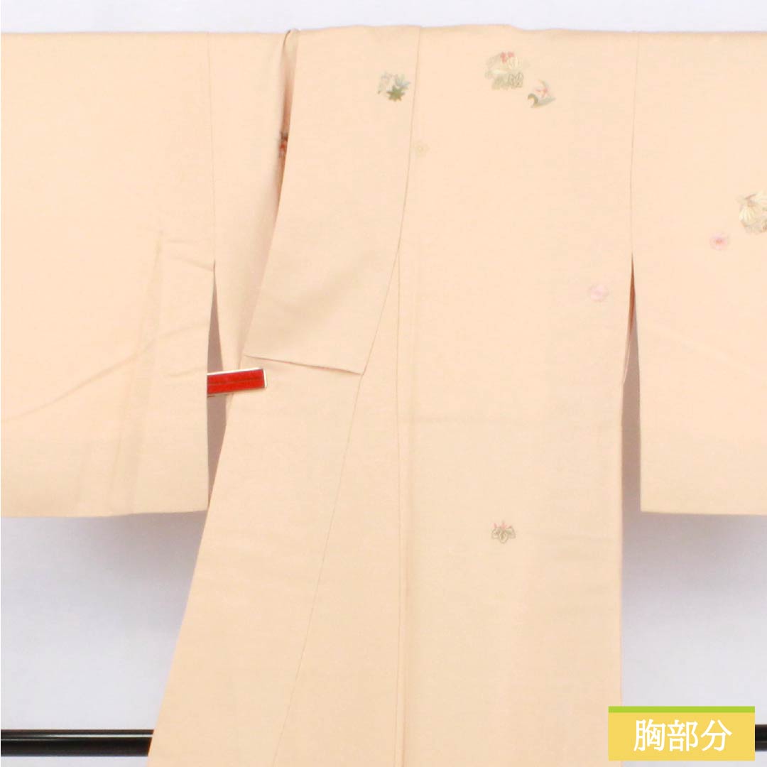 訪問着 正絹 Sランク 袷 身丈155cm 裄丈58cm 薄肉色(うすにくいろ) 縫い紋 下り藤 刺繍 重ね衿付き 草花 橙系 1112006242326