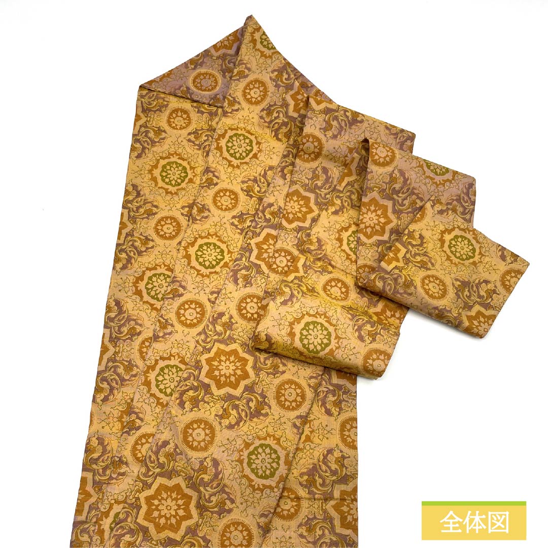 Nagoya obi, dyed obi, pongee fabric, floral pattern, obi length 380cm, pure silk, S rank, full length, casual, gold, 1124007822421, Nagoya style