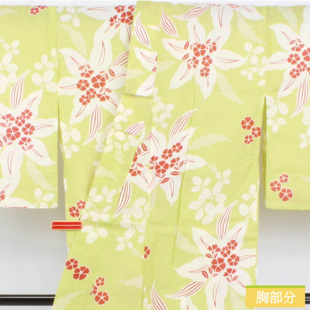 浴衣 木綿 身丈161.5cm 裄丈66cm Sランク 単衣 緑系 若芽色(わかめいろ) 百合 秋桜 1118006382419