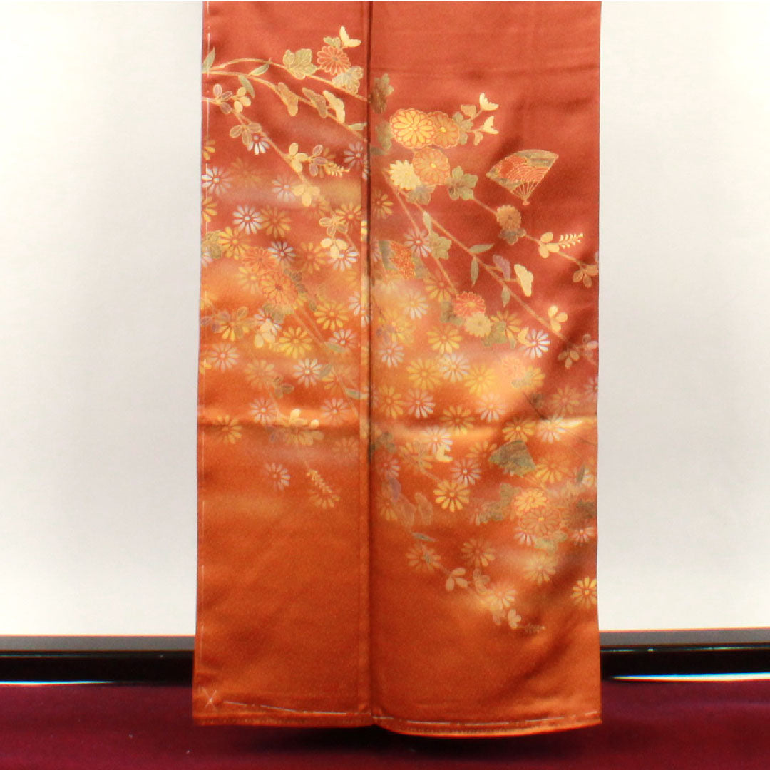 訪問着 袷 身丈161cm 裄丈63cm 唐茶色 金彩加工 菊 正絹 Sランク 茶系 1112001532414