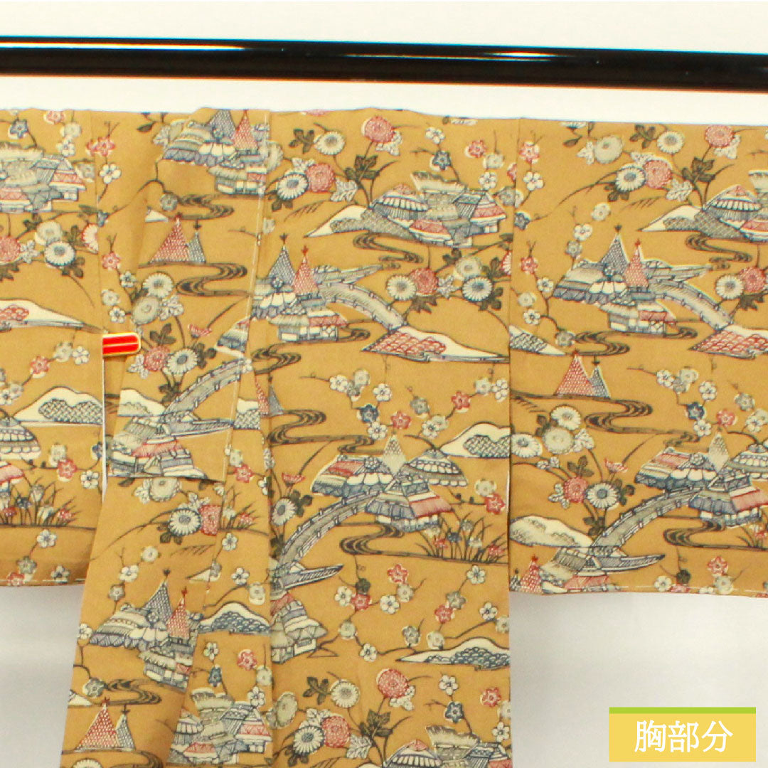 小紋 正絹 身丈154.5cm 裄丈67cm 袷 猟虎色 京紅型 茶屋辻 しつけ糸付き Sランク 茶系 1115003702214