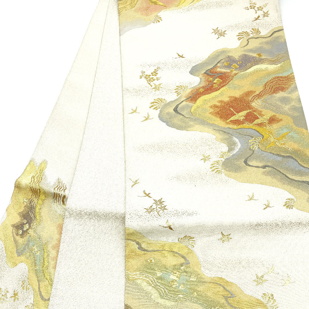 (未仕立)袋帯 となみ織物 流麗州浜文 帯丈454cm 正絹 NEWランク 六通 フォーマル 銀系 1123003571422