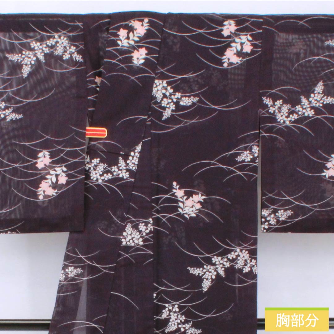 夏物 ポリエステル 小紋 身丈158cm 裄丈63cm 紫烏色(しうしょく) 露芝 草花 洗える着物 絽 Bランク 紫系 1132002044320