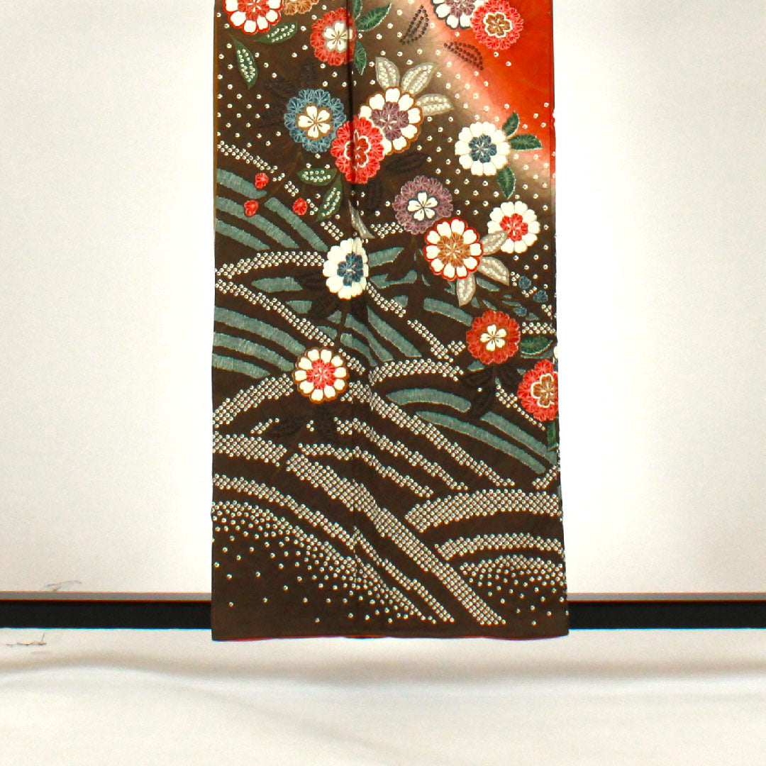 訪問着 袷 身丈158cm 裄丈64cm 絞り 草花模様 正絹 Bランク 茶系 1112001044314