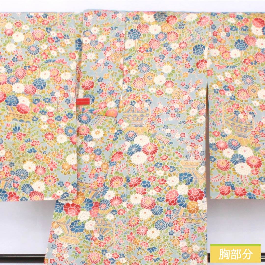 Small pattern, pure silk, length 156.5cm, sleeve length 64cm, lined, Kinuta celadon color, flower basket, rank S, light blue, 1115005792324