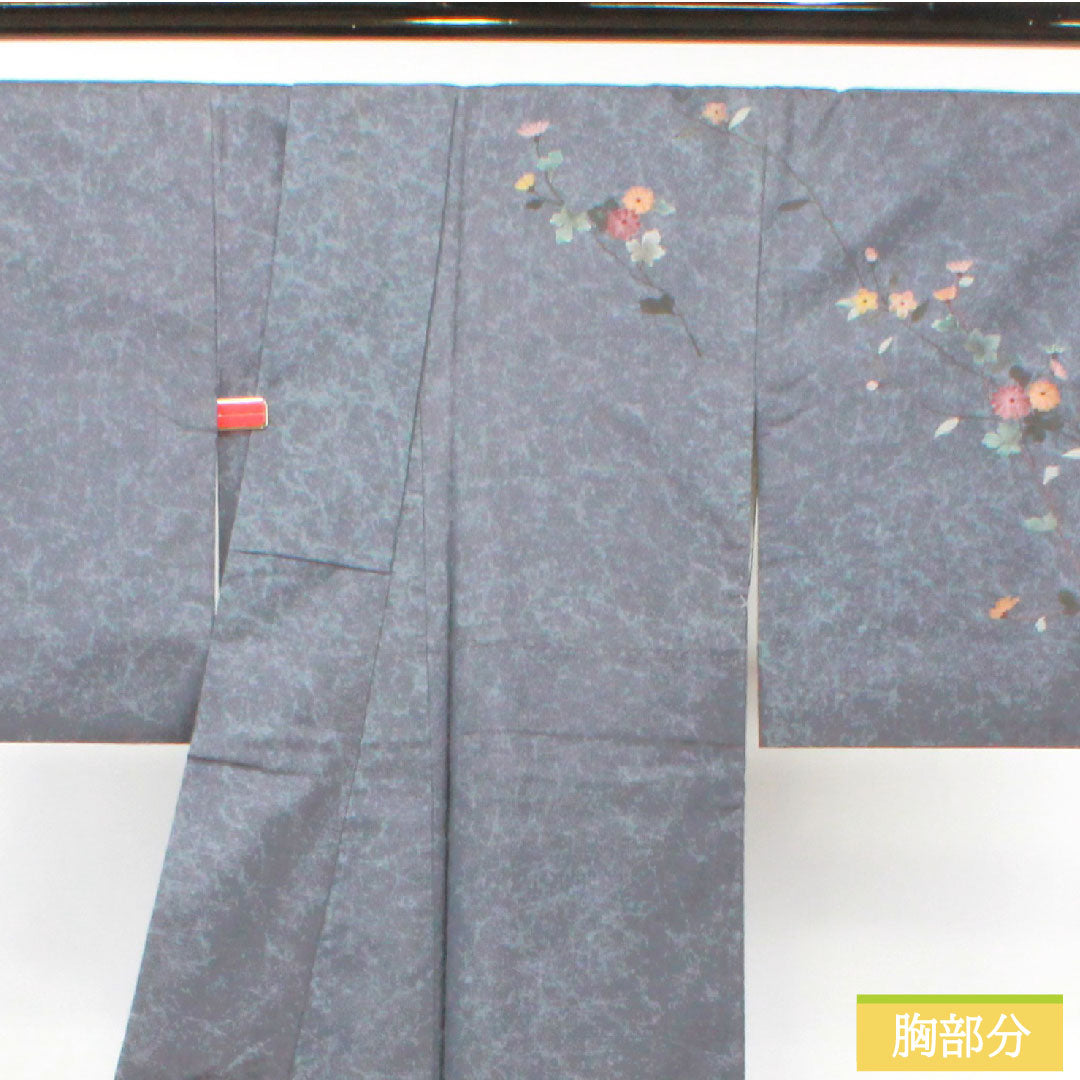 訪問着 正絹 袷 身丈161cm 裄丈63cm 灰青色 大島紬 草花模様 作家物 Aランク グレー系 1112004013422