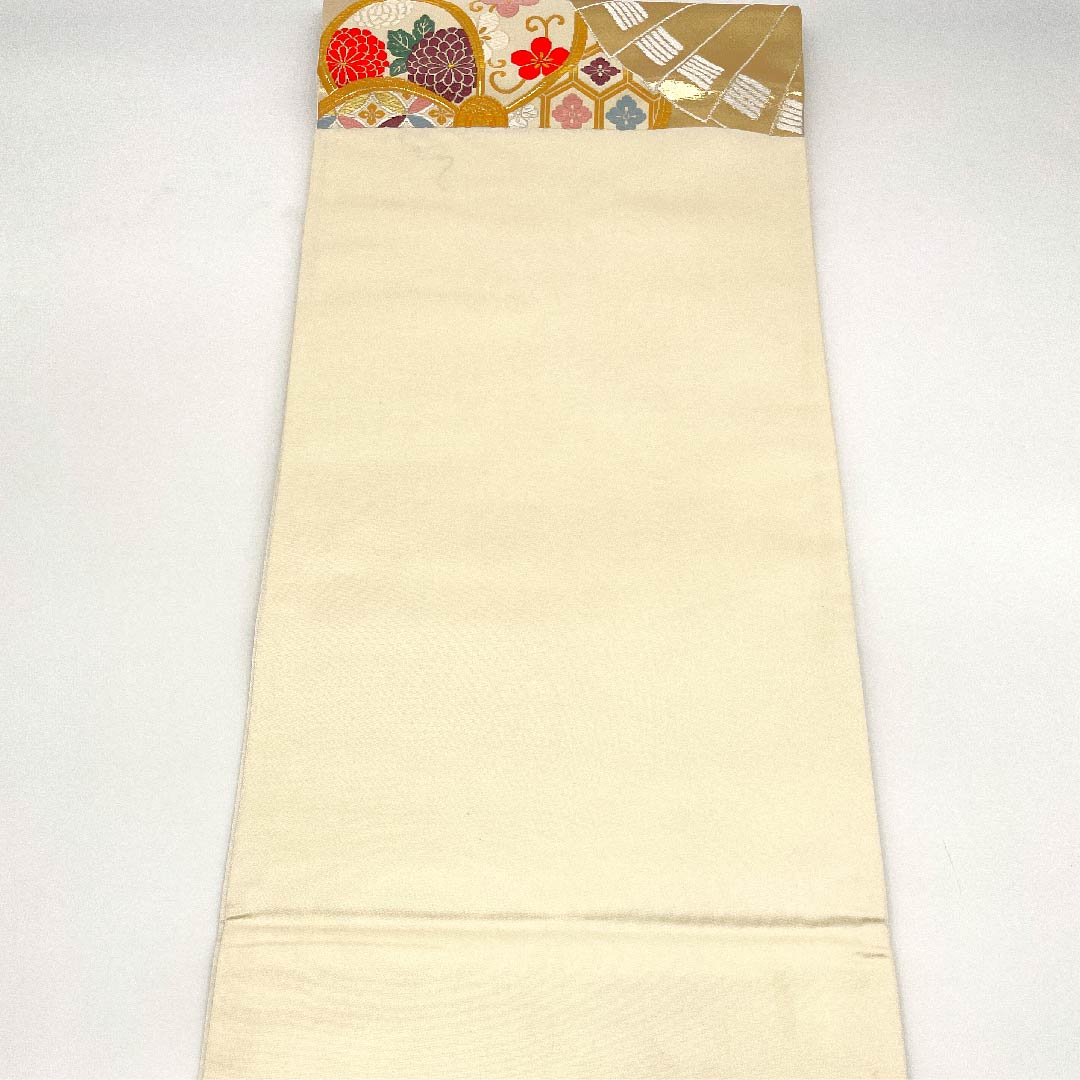 袋帯 生成り色(きなりいろ) 古典梅 吉祥文様 扇面 帯丈442cm 正絹 Sランク 六通 フォーマル クリーム系 1123002762315