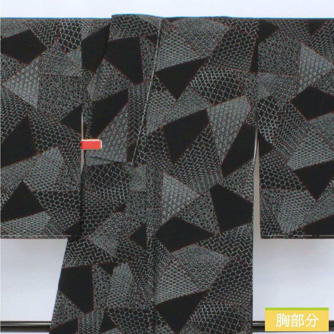 小紋 ポリエステル Sランク 身丈157cm 裄丈62cm 袷 割付文様 洗える着物 しつけ糸付き 黒系 1115007442310