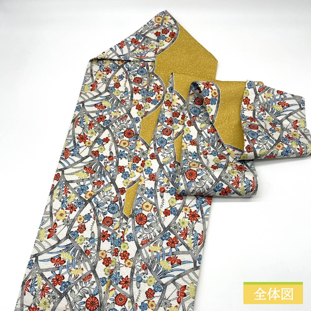 名古屋帯 金色色(こんじきいろ) 京紅型 紅型調 梅 帯丈373cm 正絹 Sランク 全通 カジュアル 黄系 1124006862323 名古屋仕立て