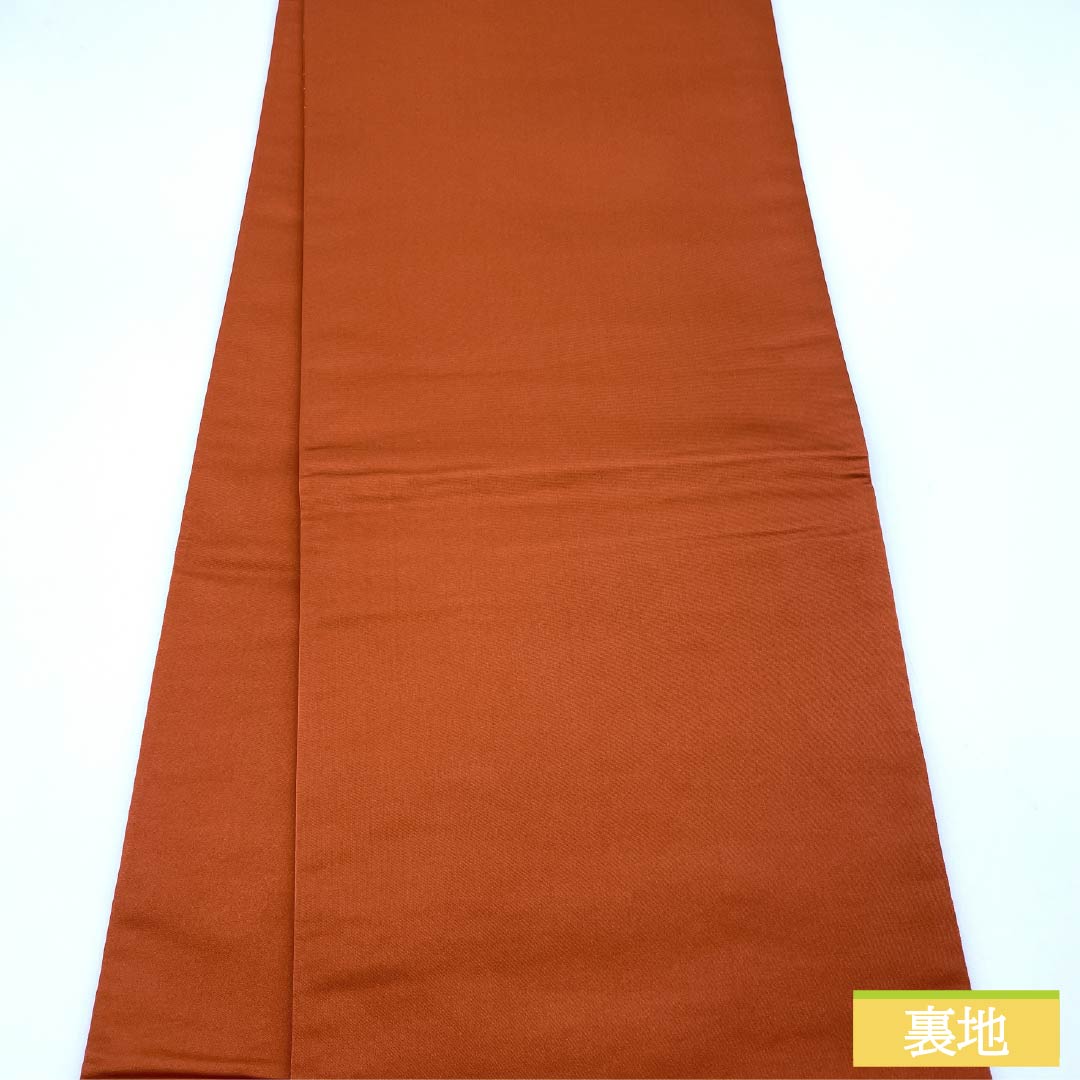 袋帯 正絹 紅柿色(べにかきいろ) 留袖用 白綾苑大庭 雪輪 花模様 帯丈436cm Sランク 六通 フォーマル 橙系 1123014402326