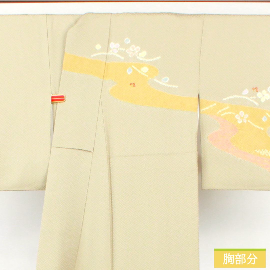 訪問着 正絹 袷 身丈163cm 裄丈67.5cm 蠟色(ろういろ) 絞り 抽象模様 一つ紋 剣片喰 縫い紋 Sランク ベージュ系 1112004492425