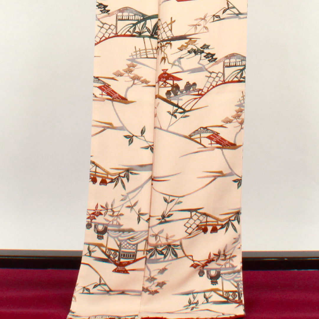 小紋 身丈165.5cm 裄丈66cm 袷 洗柿色 型染 風景模様 正絹 Aランク ピンク系 1115002093513