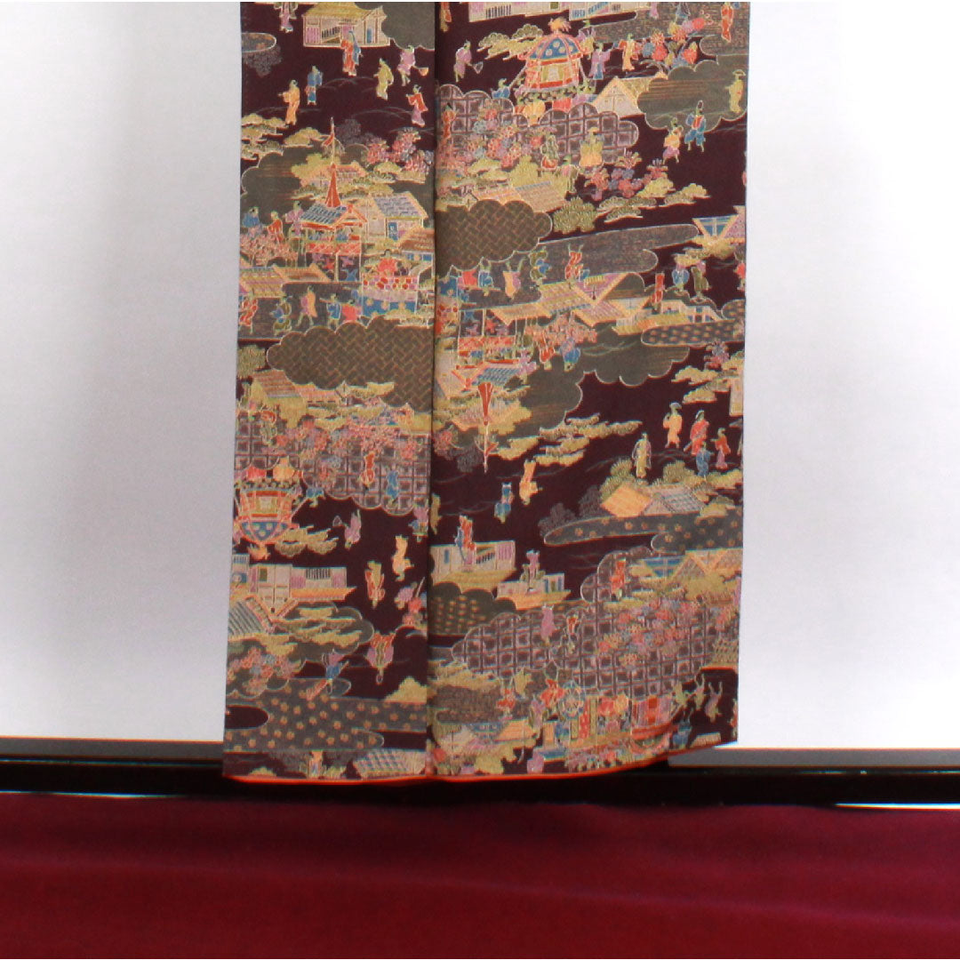 小紋 身丈153.5cm 裄丈65cm 袷 紫烏色 時代人物風景模様 正絹 Sランク 紫系 1115002322220