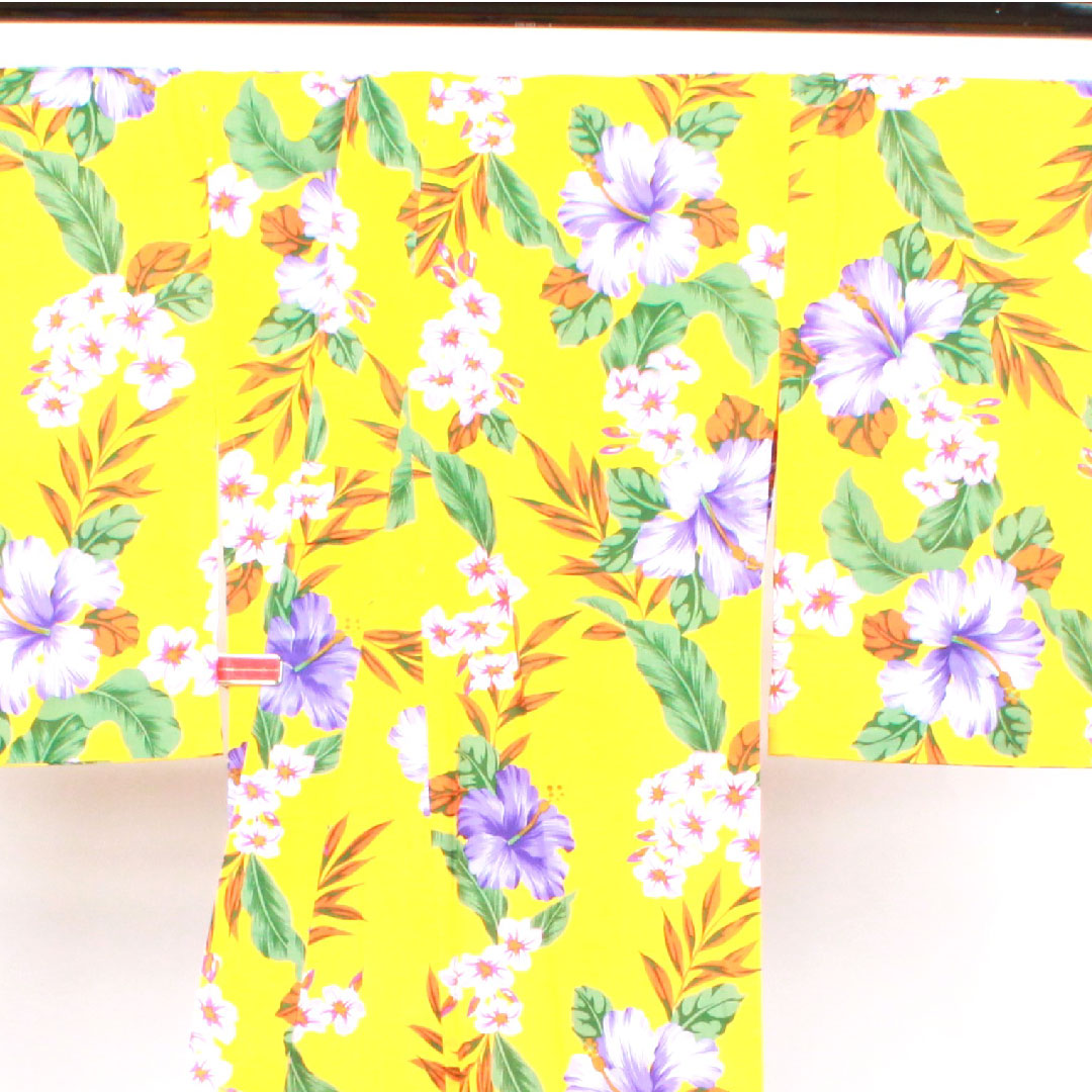 浴衣 山吹色 ハイビスカス 木綿 Sランク 単衣 身丈165cm 裄丈67.5cm 黄系 1118003262523