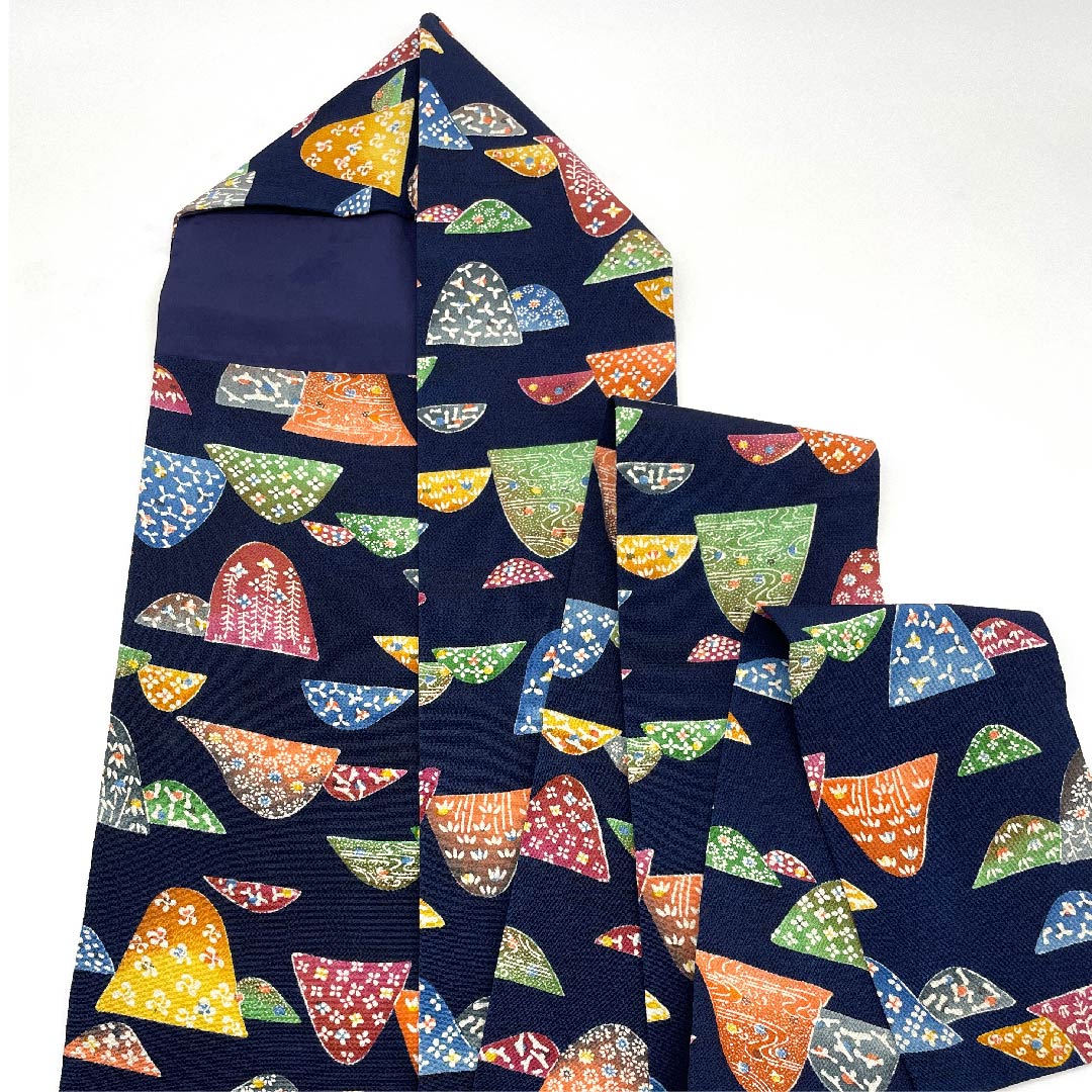 名古屋帯 鉄葡萄色 型染 京紅型 山 帯丈341.5cm 正絹 Sランク 全通 カジュアル 紺系 1124004972318 名古屋仕立て