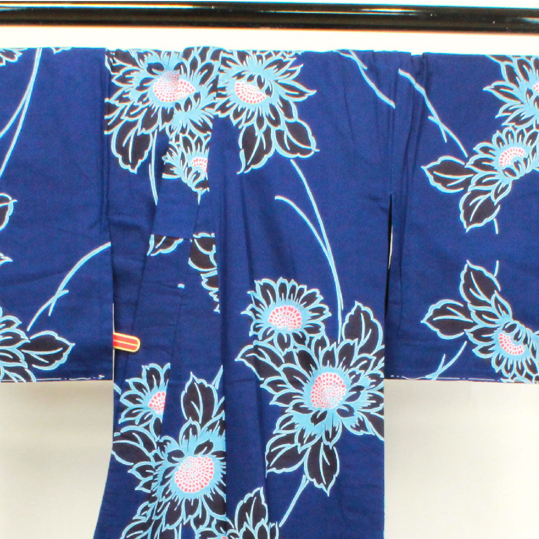 浴衣 しつけ糸付き 未使用品 濃紺色 向日葵 木綿 Sランク 単衣 身丈165cm 裄丈64.5cm 紺系 1118002752518