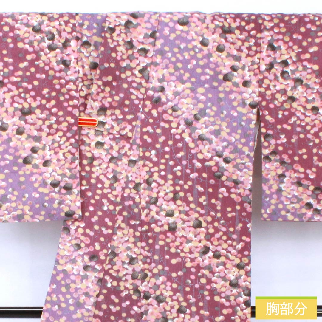 小紋 ポリエステル 身丈161.5cm 裄丈66cm 袷 蒲萄色(えびいろ) 古代紫色(こだいむらさきいろ) 型染 抽象柄 洗える着物 Aランク 紫系 1115005543420