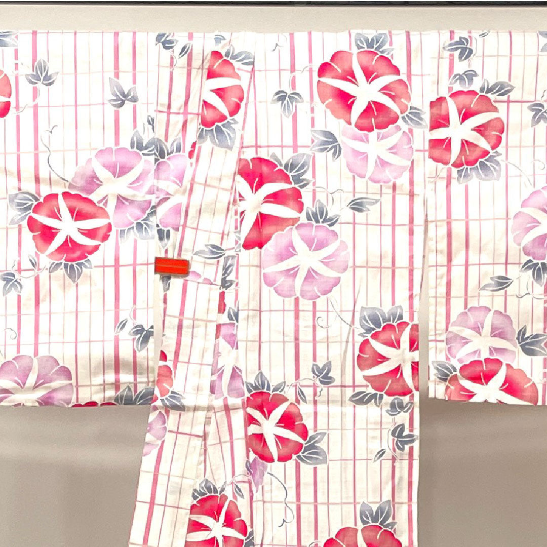 Yukata Morning Glory Check Cotton S Rank Single Layer Length 162.5cm Sleeve Length 65cm White 1118001512411