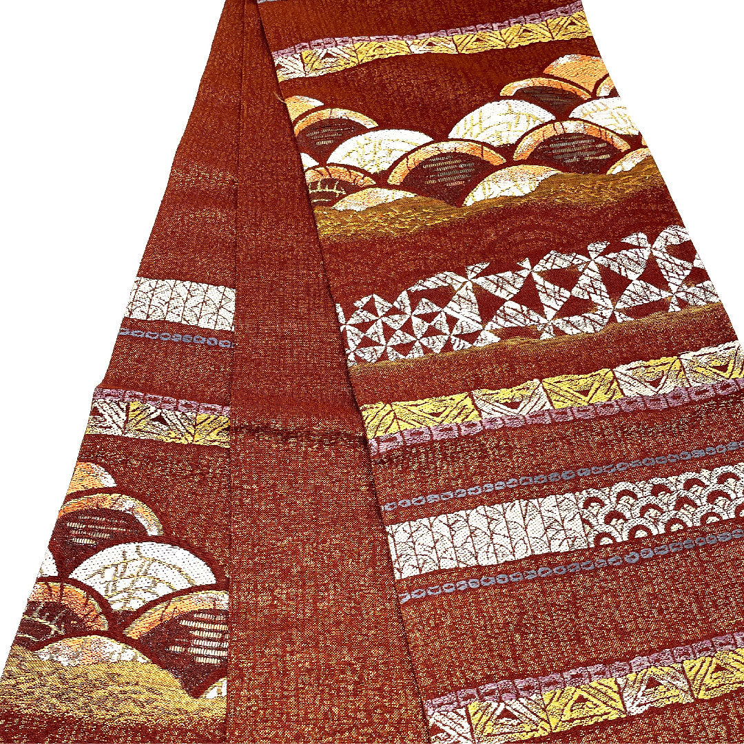 (Unmade) Fukuro Obi with Horizontal Stripes, Geometric Pattern, Single Layer, Length 449cm, Pure Silk, New Rank, Six-Pass, Casual, Brown, 1123002541314