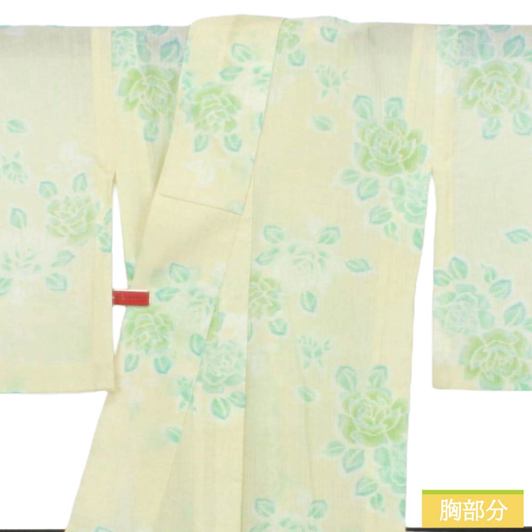 夏物 ポリエステル 紬 Aランク 身丈152.5cm 裄丈62cm 牙黄色(げおういろ) 薔薇 縮風 紗 黄系 1132006333223