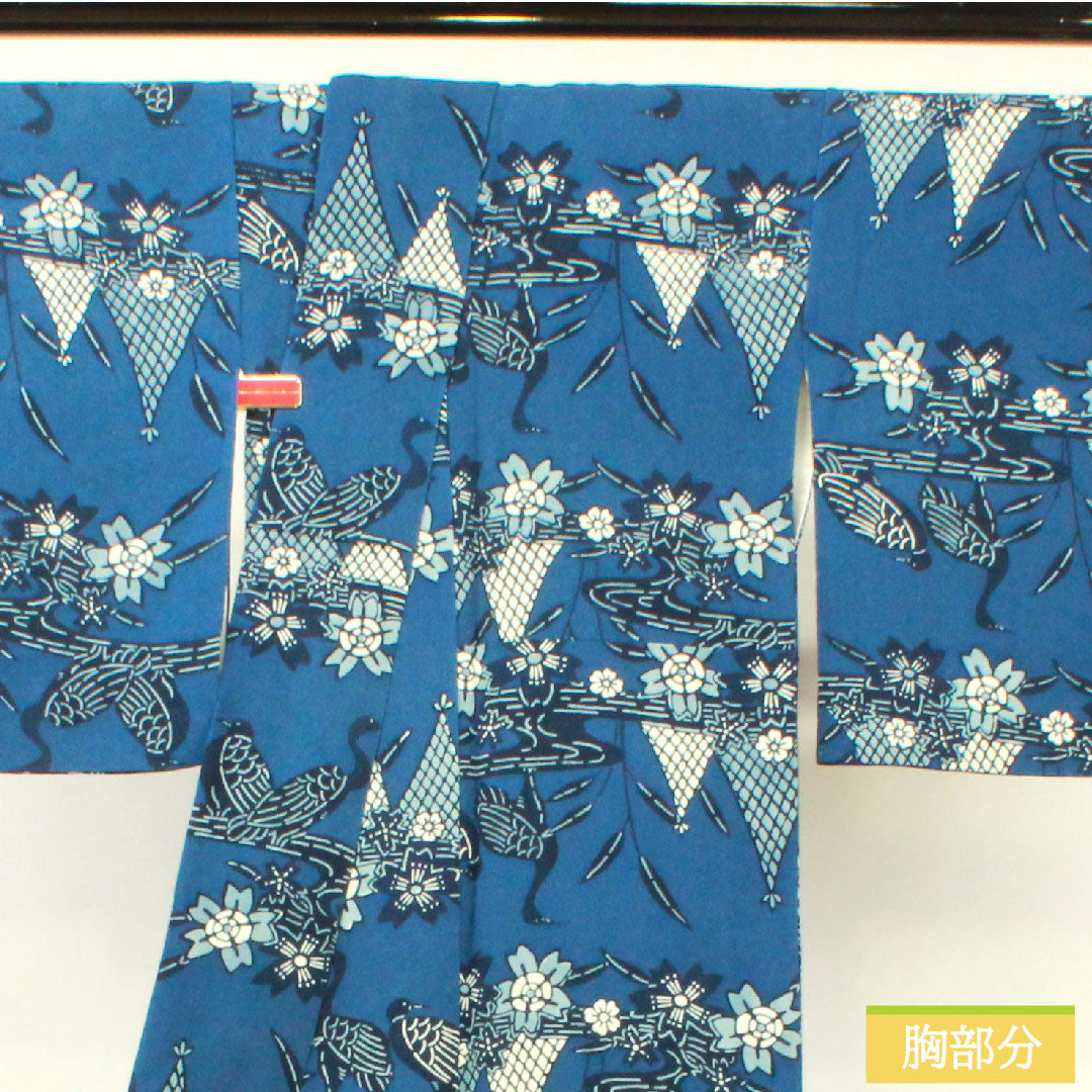 小紋 正絹 身丈158.5cm 裄丈65cm 袷 紺桔梗色(こんききょういろ) 京紅型 白鳥 桜 流水 Sランク 紺系 1115004182318