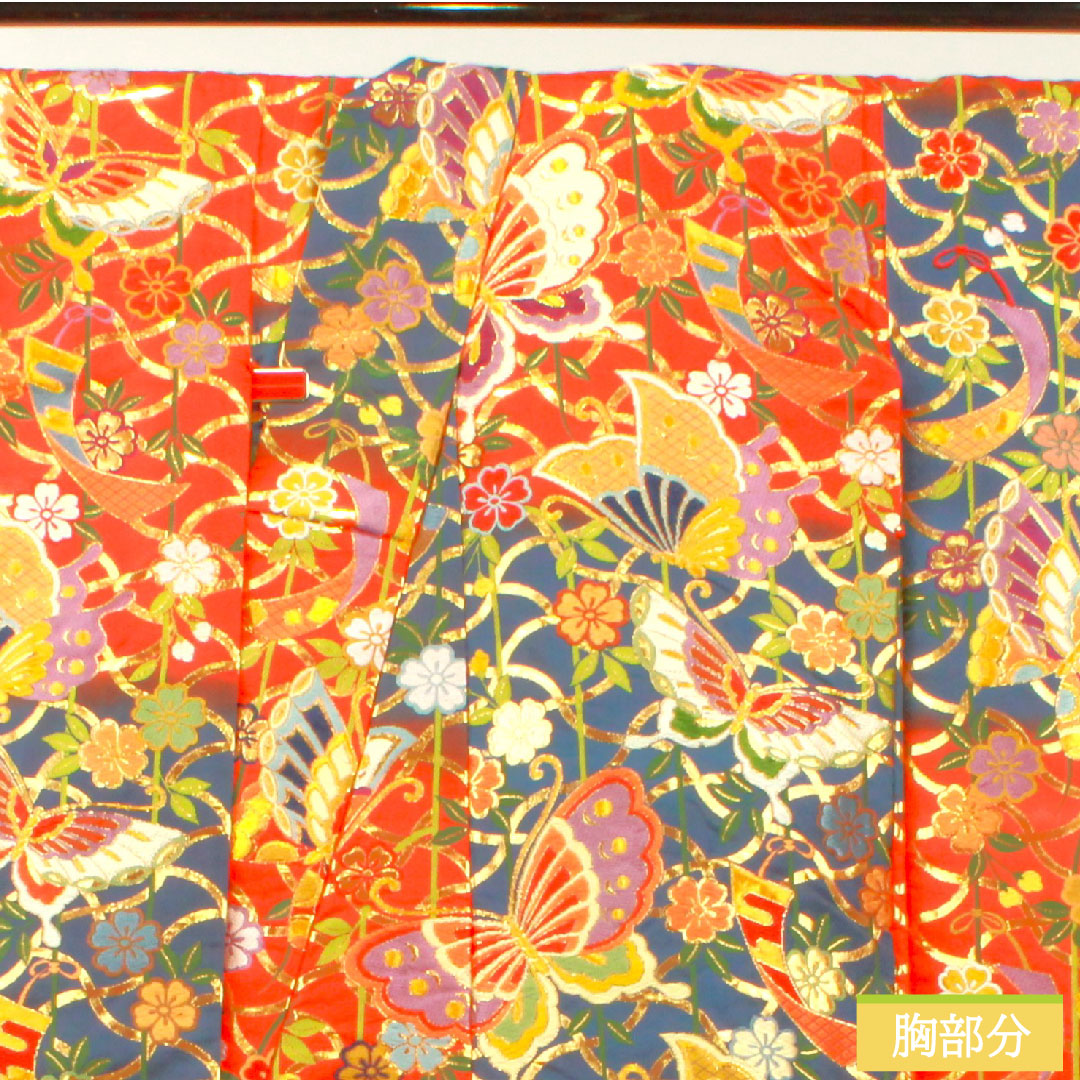 色打掛 正絹 身丈192cm 裄丈66cm 緋色(ひいろ) 唐織 蝶 草花模様 Sランク 袷 朱系 1110000872916