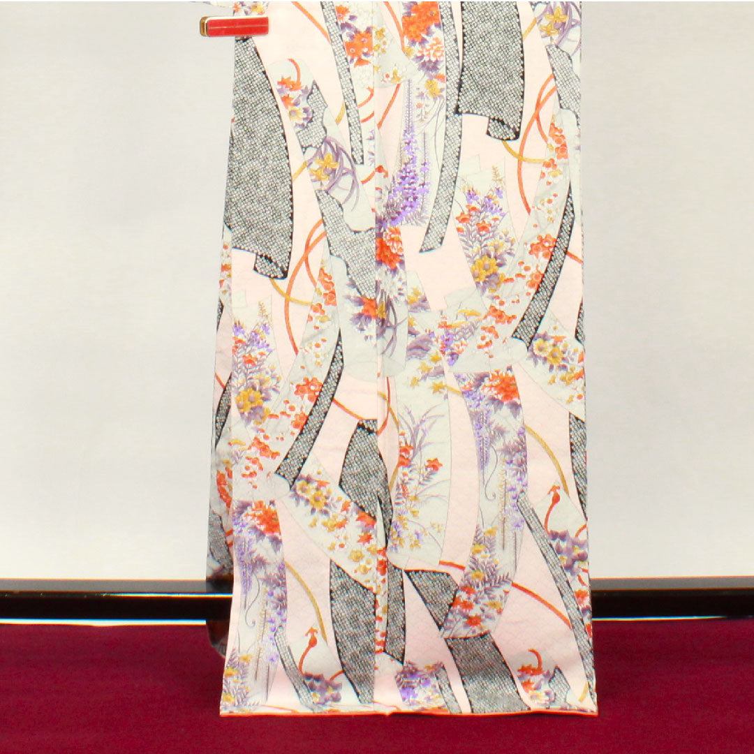 小紋 身丈170cm 裄丈65cm 袷 桜色 洗える着物 草花模様 ポリ Sランク ピンク系 1115002622613
