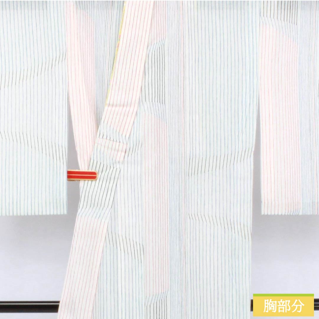 夏物 ポリエステル 小紋 身丈157.5cm 裄丈64.5cm 縞 洗える着物 刺繍 紗 Sランク 白系 1132002552311