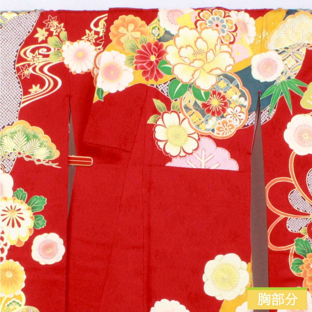振袖 正絹 Sランク 身丈170.5cm 裄丈67.5cm 袷 真紅色(しんくいろ) 京友禅 吉祥文様 松竹梅 菊 ECOガード加工 赤系 1113002602612