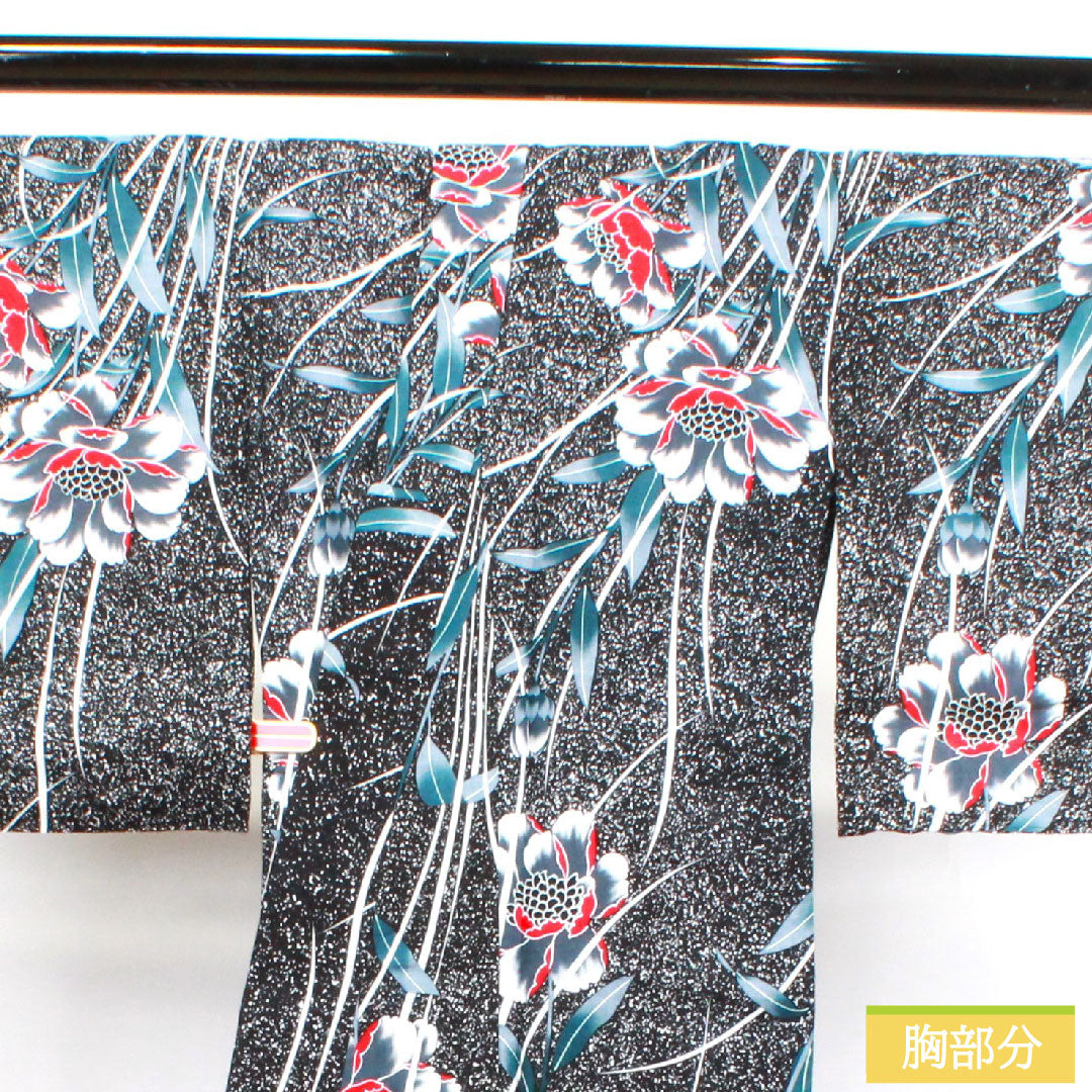 浴衣 木綿 身丈168.5cm 裄丈63cm Sランク 単衣 黒系 芍薬 1118004622510