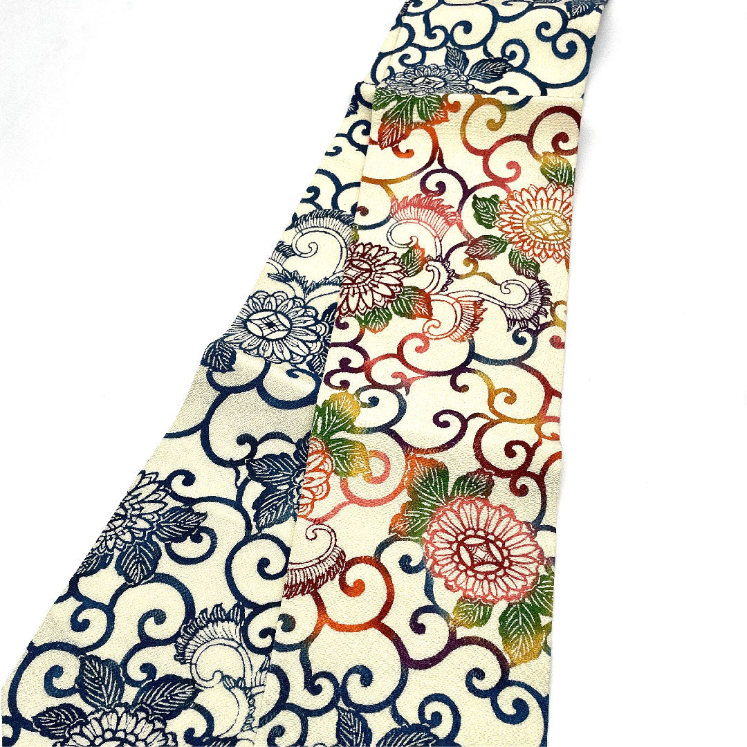 作り帯 型染 染め帯 唐花模様 帯丈100cm 正絹 Aランク 六通 カジュアル 白系 1124002173311
