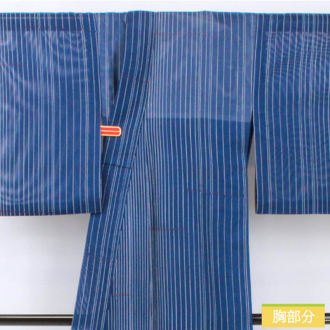 Summer kimono, polyester, small pattern, length 158cm, sleeve length 63.5cm, navy blue, striped, line pattern, washable kimono, silk, A rank, blue 1132001963317