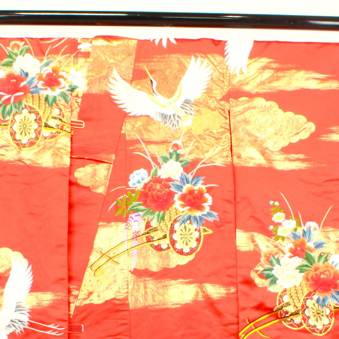 色打掛 身丈185cm 緋色 刺繡 花車 鶴 正絹 Bランク 袷 朱系 1110000264916