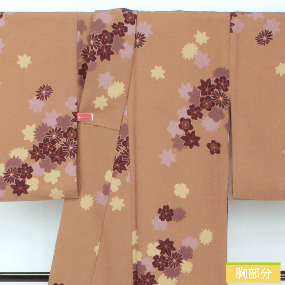 小紋 ポリエステル 身丈164.5cm 裄丈66.5cm 袷 猟虎茶色(らっこちゃいろ) 吹き寄せ 洗える着物 Sランク 茶系 1115005802414