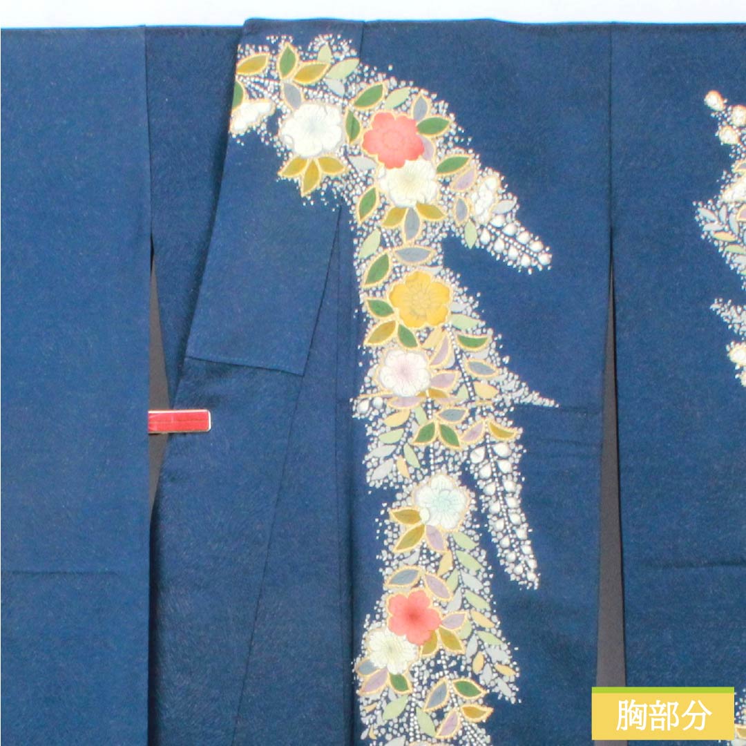 Furisode (long-sleeved kimono) made of pure silk, S rank, length 170cm, sleeve length 67cm, lined, iron grape color, Kyoto Yuzen, gold thread, Tsujigahana pattern, navy blue, product number 1113002762618