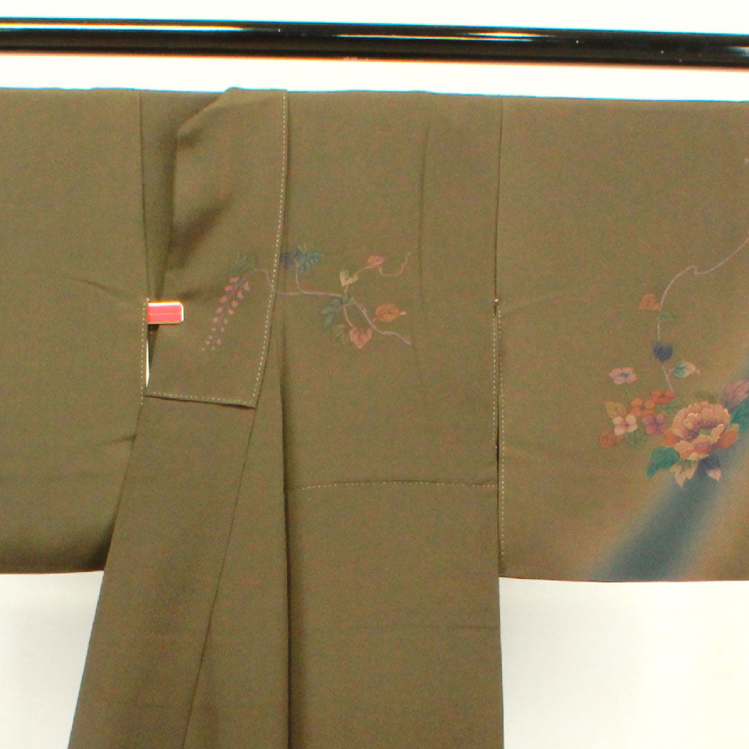 Homongi, pure silk, lined, length 157cm, sleeve length 64cm, yellow-black, floral pattern, A rank, green, 1112003023319
