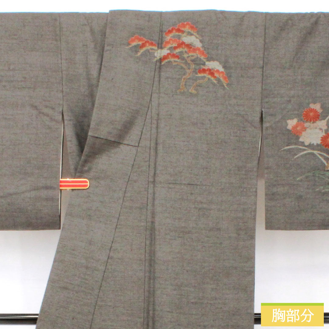 Homongi (formal kimono) made of pure silk, lined, length 160.5cm, sleeve length 63.5cm, Noshime-iro (wrapping color), pongee fabric, floral pattern, S rank, gray, 1112005442422
