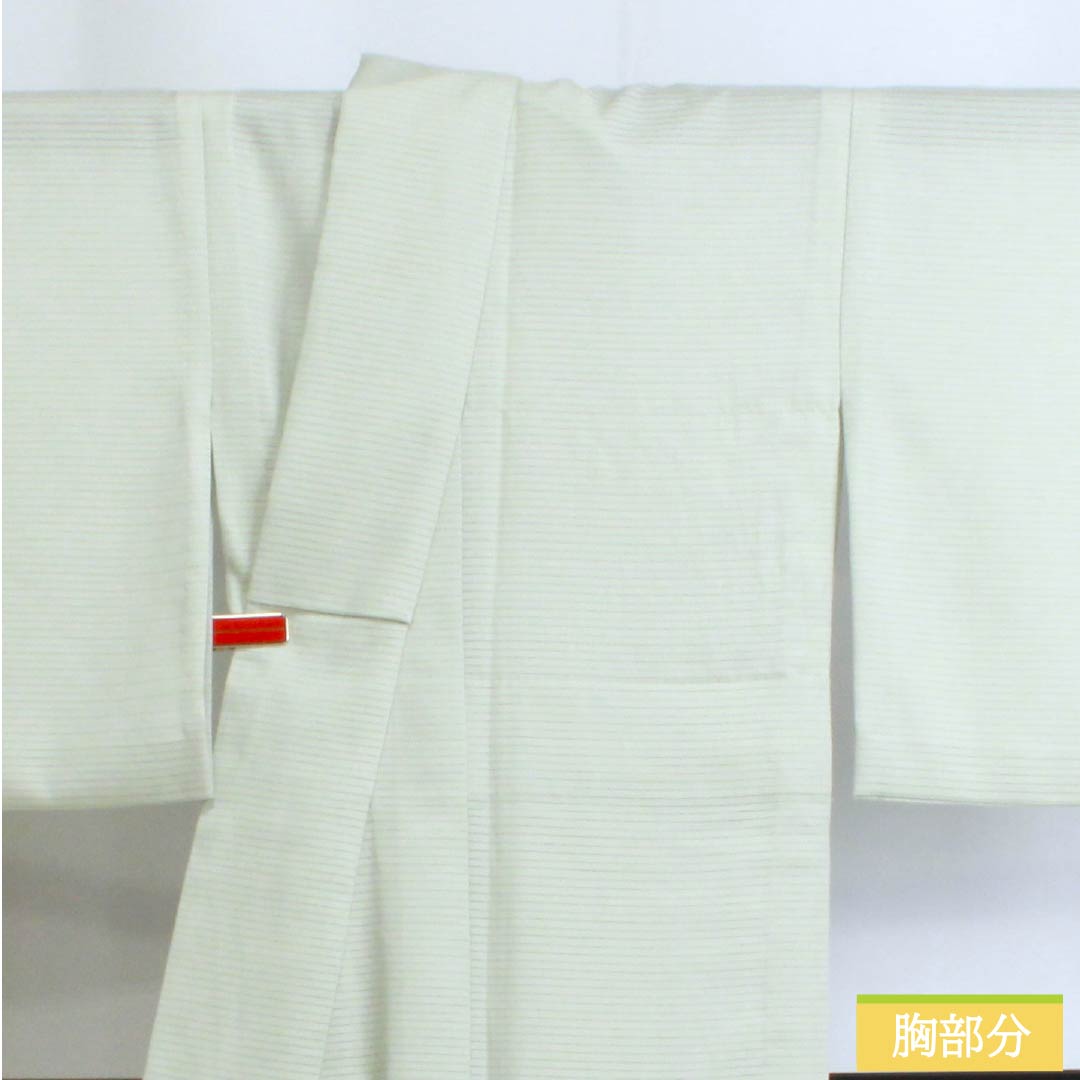 夏物 ポリエステル 色無地 Aランク 身丈163cm 裄丈66cm 青白磁色(せいはくじいろ) 一つ紋 五三桐 洗える着物 絽 緑系 1132002903419