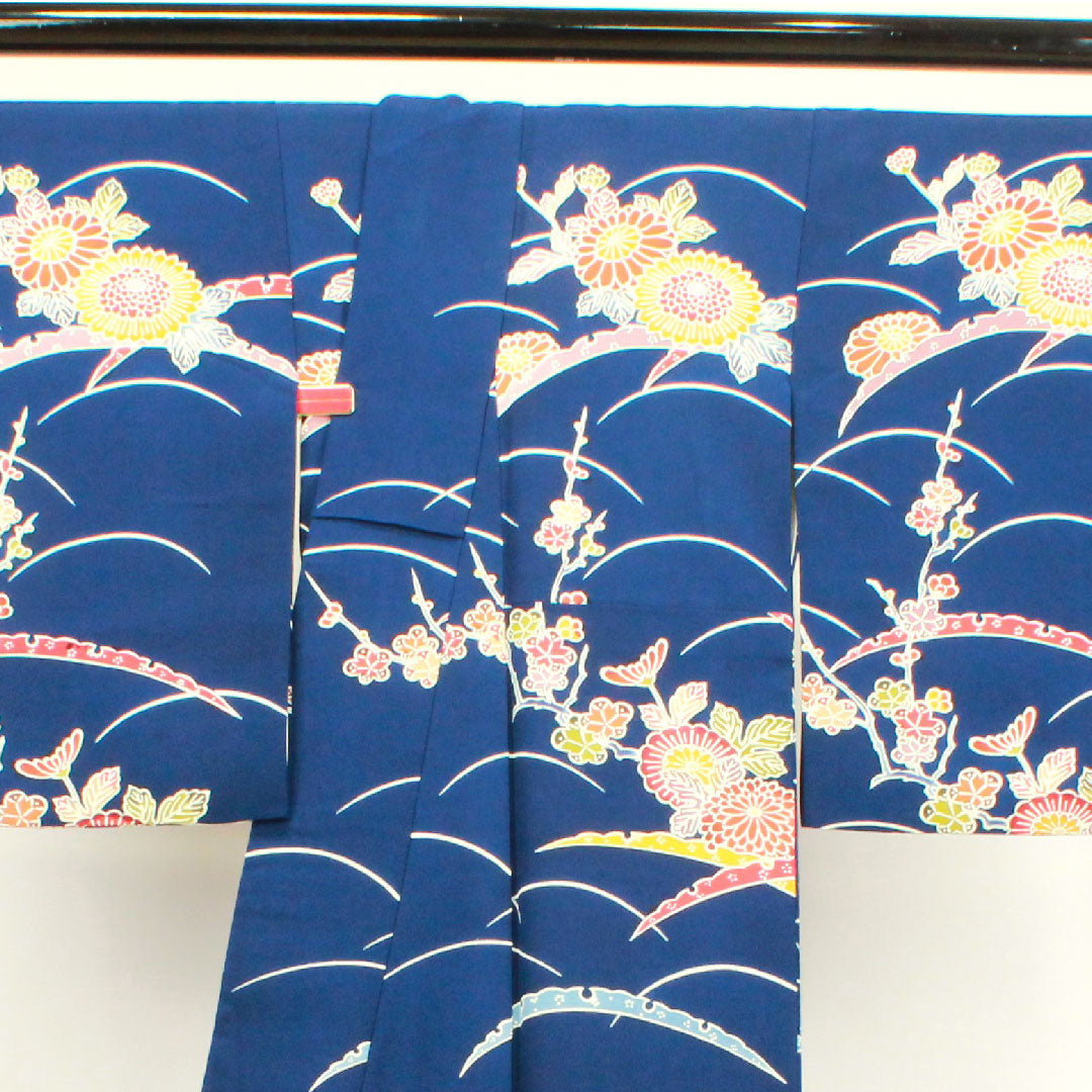 小紋 身丈156.5cm 裄丈62cm 袷 紺藍色 京紅型 菊 露芝 正絹 Sランク 紺系 1115003382318