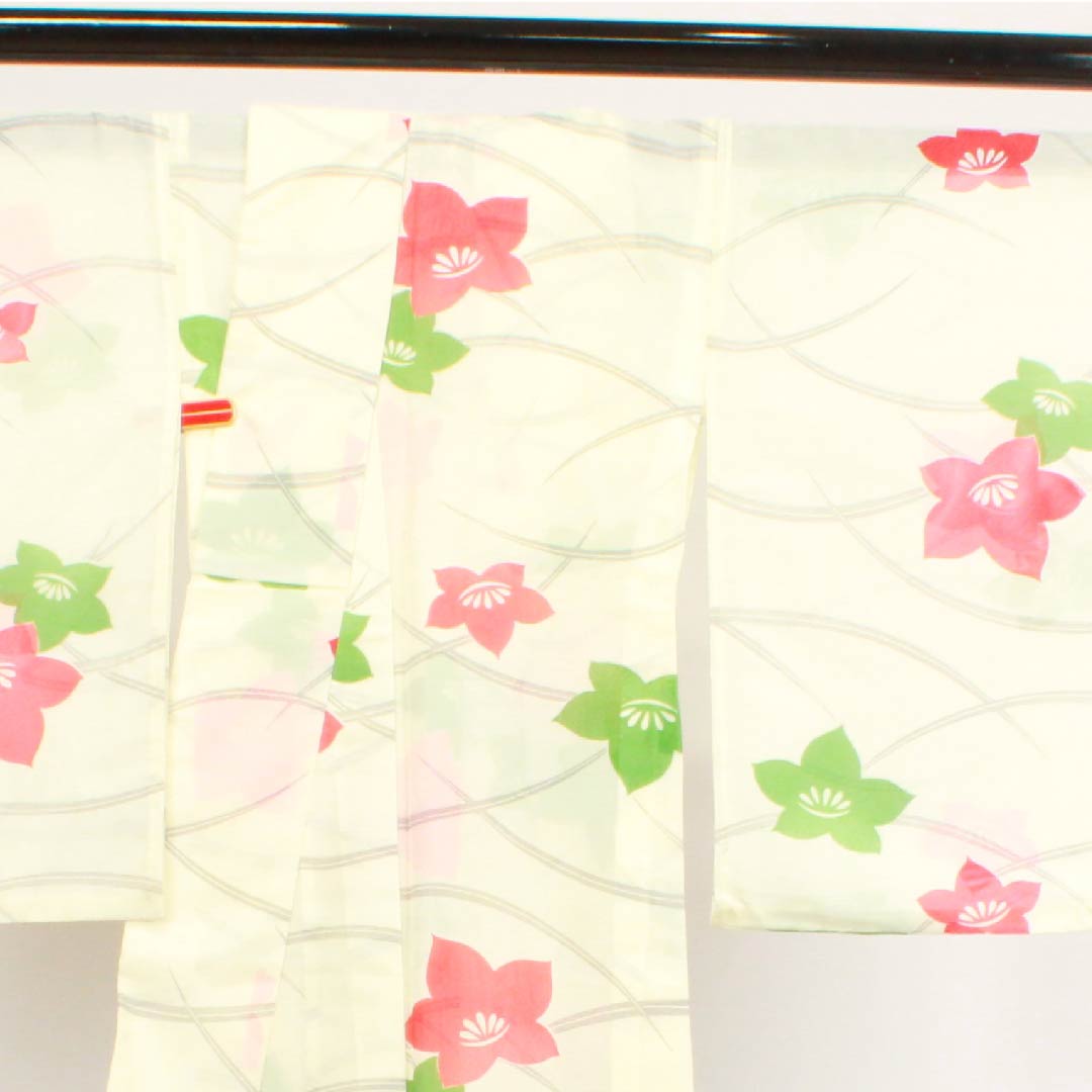 夏物 ポリエステル 訪問着 身丈160cm 裄丈65cm 白百合色(しらゆりいろ)露芝 花模様 絽 Aランク クリーム系 1132000083415