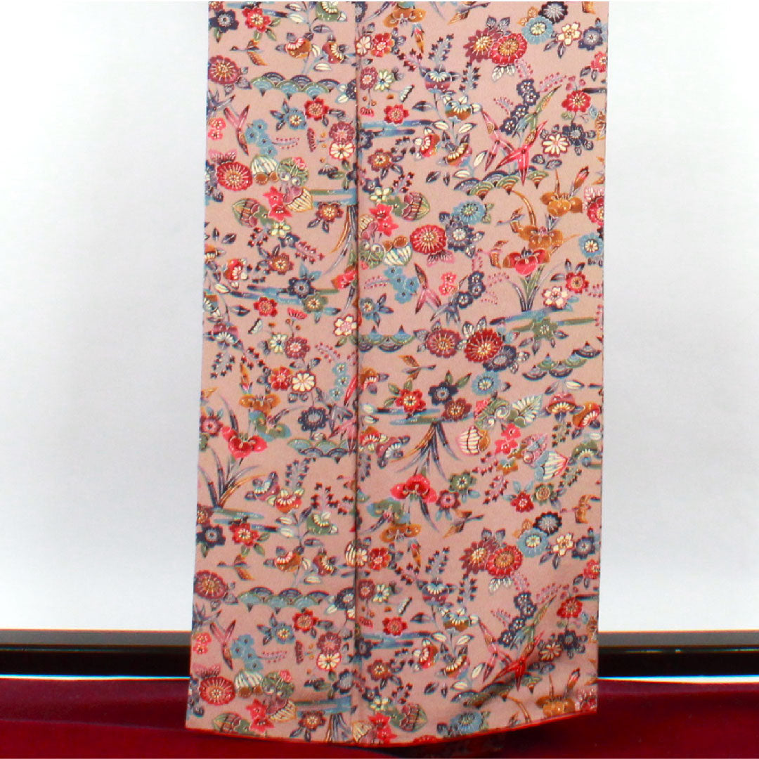 小紋 身丈159.5cm 裄丈64.5cm 袷 銀煤竹色 型染 草花模様 正絹 Sランク 朱系 1115002212316