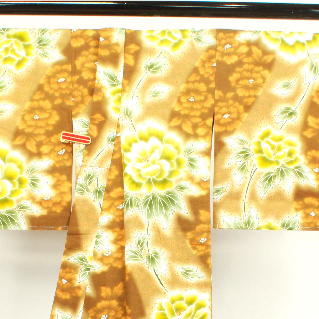 浴衣 しつけ糸付き 未使用品 団栗色 牡丹 木綿 Sランク 単衣 身丈158.5cm 裄丈63.5cm 茶系 1118002702314