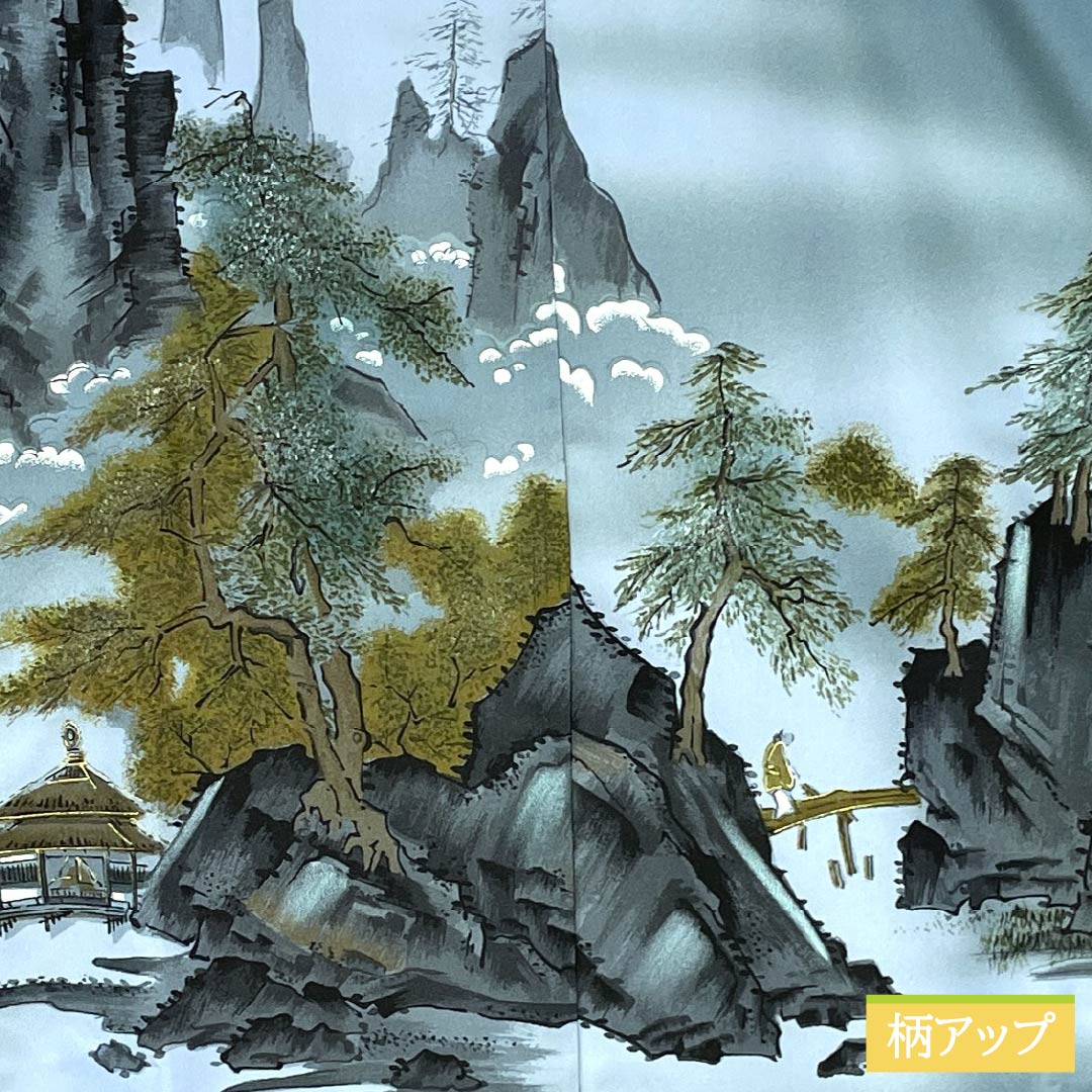 メンズ襦袢 ポリエステル Sランク 身丈143cm 裄丈69cm 藍砥茶色(あいとのちゃいろ) 風景画 単衣 青系 1140000802417