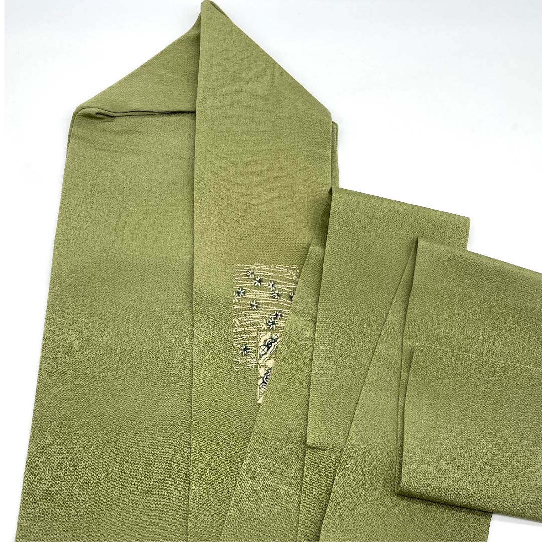 名古屋帯 麹塵色 草木染 抽象模様 帯丈379cm 正絹 美品 ポイント柄 カジュアル 緑系 1124004022319 名古屋仕立て