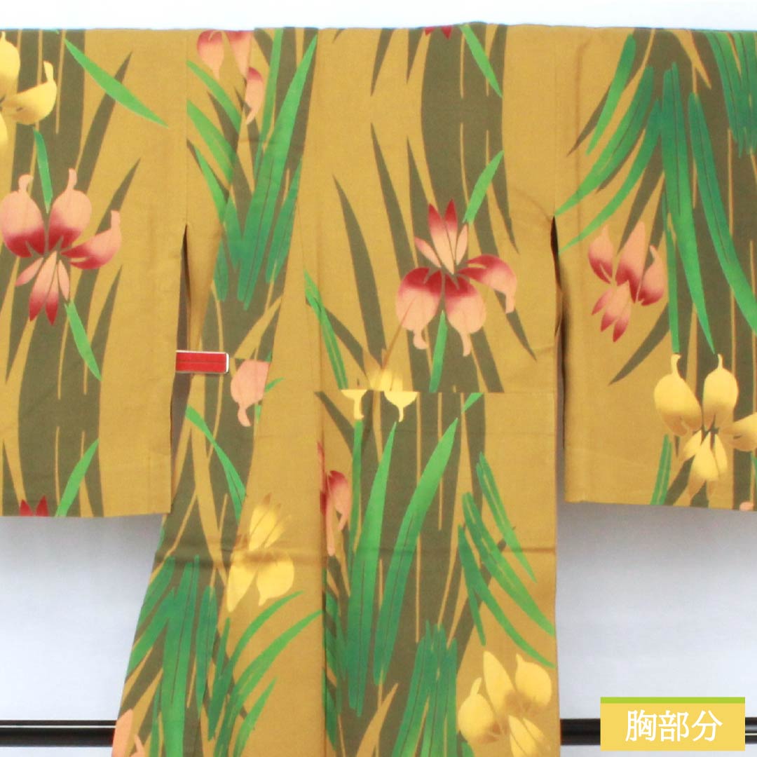 浴衣 木綿 身丈153.5cm 裄丈67cm Aランク 単衣 黄系 木蘭色(もくらんじき) 菖蒲 1118005803223